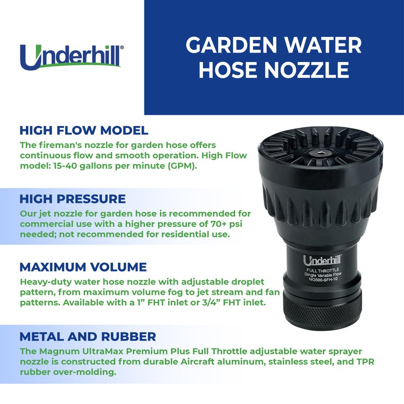 Underhill Garden Water Hose Nozzle Sprayer Jet Attachment, Heavy-Duty Metal and Rubber, Adjustable, Magnum UltraMax Premium Plus Series 3/4" High Flow Turbo Shift, NG550-DFH-75 - Image 3