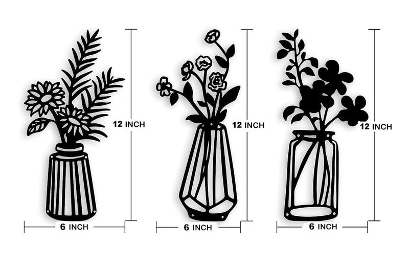 ROOT KRAFT 3 Pieces Black Wooden Flowers Wall Decor Wooden Vase Wall Art Wooden Wall Sculptures Hanging for Indoor Kitchen Bathroom Dining Room 12 inch x 6 inch Design1 - Image 2