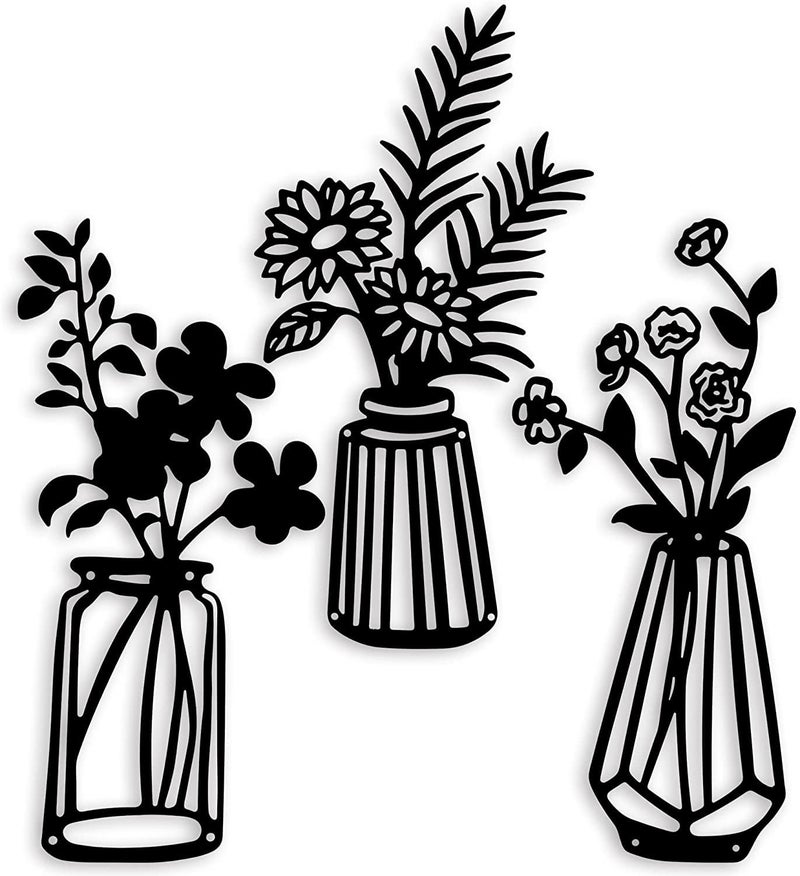 ROOT KRAFT 3 Pieces Black Wooden Flowers Wall Decor Wooden Vase Wall Art Wooden Wall Sculptures Hanging for Indoor Kitchen Bathroom Dining Room 12 inch x 6 inch Design1 - Image 1