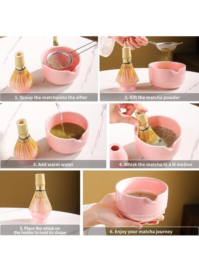 WALALLA 8 Piece Matcha Whisk Set Pink, Ceramic Matcha Bowl with Spout, Electric Frother, Bamboo Whisk, Scoop, Whisk Holder, Tea Towel and Sifter, Japanese Matcha Tea Set Gift for Home and Matcha Lovers - Image 4