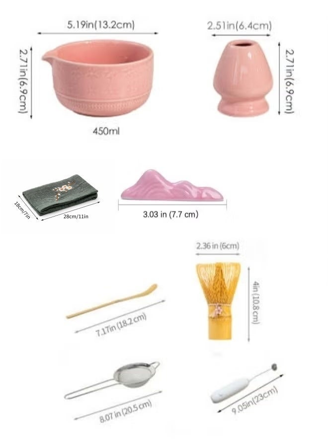 WALALLA 8 Piece Matcha Whisk Set Pink, Ceramic Matcha Bowl with Spout, Electric Frother, Bamboo Whisk, Scoop, Whisk Holder, Tea Towel and Sifter, Japanese Matcha Tea Set Gift for Home and Matcha Lovers - Image 3