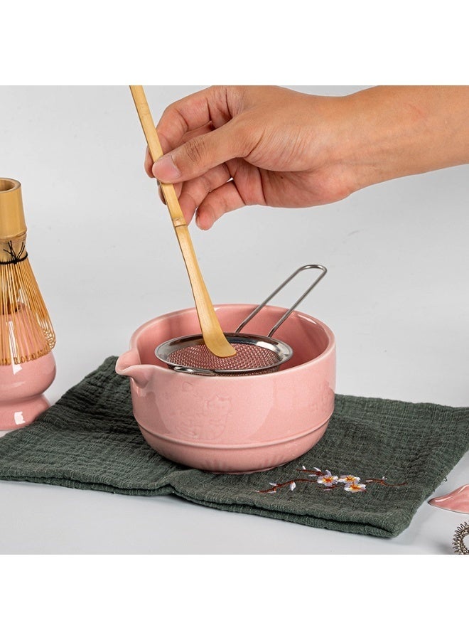 WALALLA 8 Piece Matcha Whisk Set Pink, Ceramic Matcha Bowl with Spout, Electric Frother, Bamboo Whisk, Scoop, Whisk Holder, Tea Towel and Sifter, Japanese Matcha Tea Set Gift for Home and Matcha Lovers - Image 5