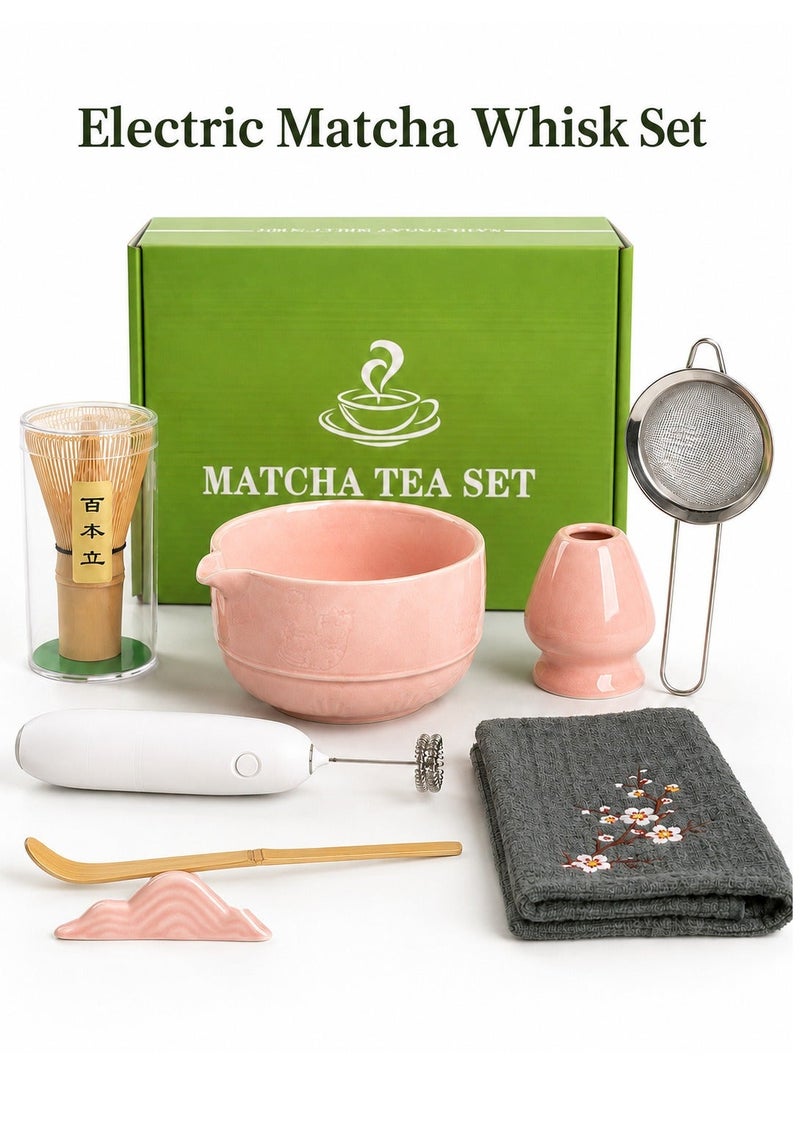WALALLA 8 Piece Matcha Whisk Set Pink, Ceramic Matcha Bowl with Spout, Electric Frother, Bamboo Whisk, Scoop, Whisk Holder, Tea Towel and Sifter, Japanese Matcha Tea Set Gift for Home and Matcha Lovers - Image 1