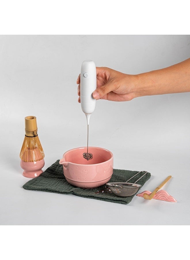 WALALLA 8 Piece Matcha Whisk Set Pink, Ceramic Matcha Bowl with Spout, Electric Frother, Bamboo Whisk, Scoop, Whisk Holder, Tea Towel and Sifter, Japanese Matcha Tea Set Gift for Home and Matcha Lovers - Image 2