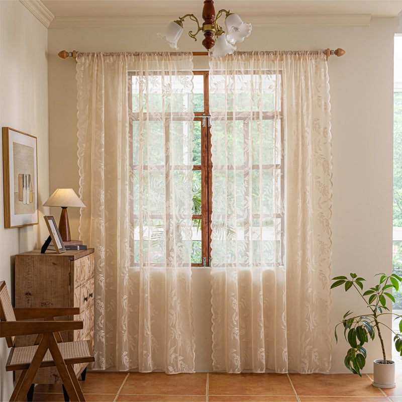 Sutuo Home Beige Lace Curtains 84 Inches Long for Bedroom Living Room, Tropical Leaf Embroidery Leaves Window Sheer Drapes Pair, Rod Pocket Vintage Country Window Treatments 2 Panels, 57" W x 84" L - Image 2