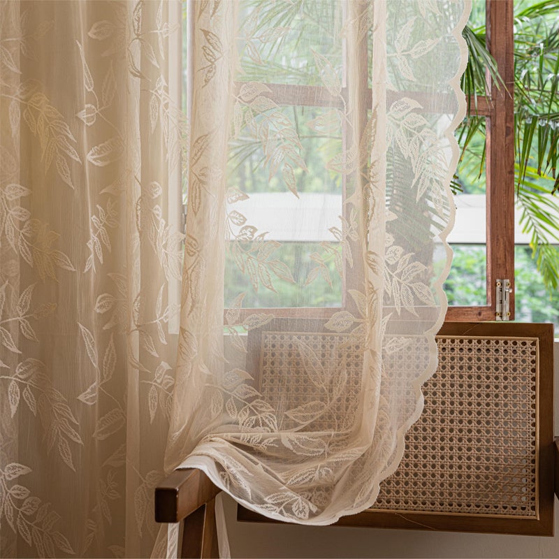 Sutuo Home Beige Lace Curtains 84 Inches Long for Bedroom Living Room, Tropical Leaf Embroidery Leaves Window Sheer Drapes Pair, Rod Pocket Vintage Country Window Treatments 2 Panels, 57" W x 84" L - Image 1
