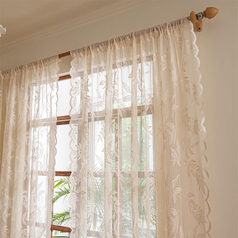 Sutuo Home Beige Lace Curtains 84 Inches Long for Bedroom Living Room, Tropical Leaf Embroidery Leaves Window Sheer Drapes Pair, Rod Pocket Vintage Country Window Treatments 2 Panels, 57" W x 84" L - Image 4