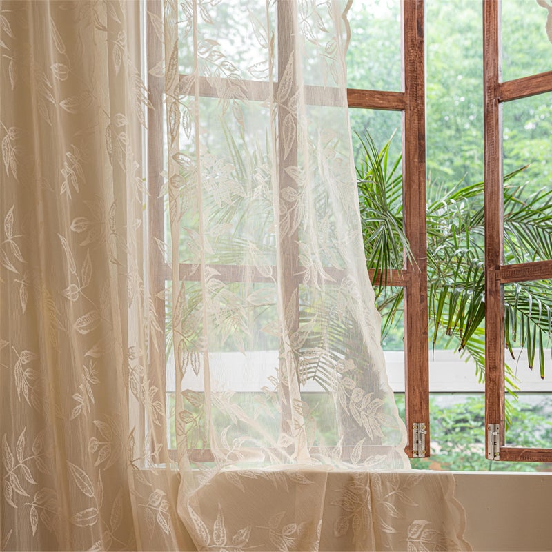 Sutuo Home Beige Lace Curtains 84 Inches Long for Bedroom Living Room, Tropical Leaf Embroidery Leaves Window Sheer Drapes Pair, Rod Pocket Vintage Country Window Treatments 2 Panels, 57" W x 84" L - Image 5