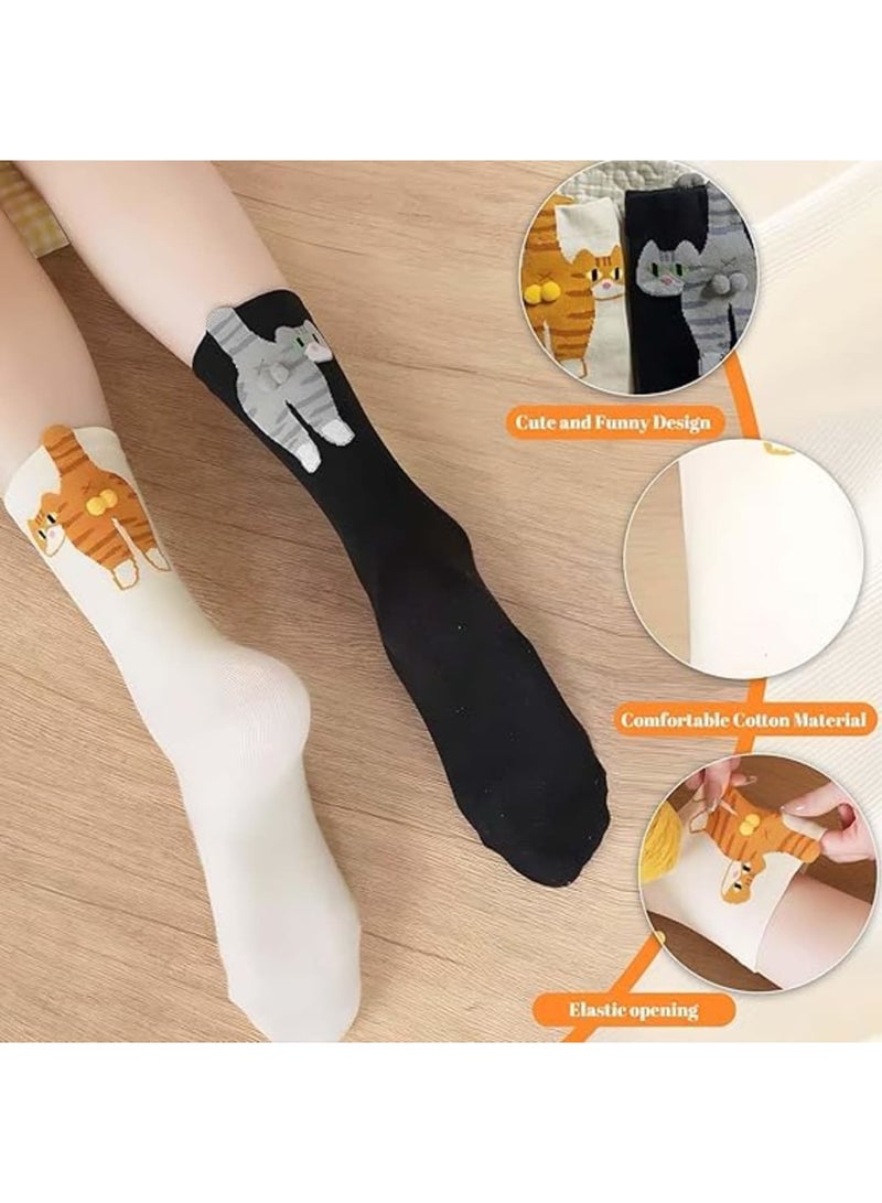 Barakah جوارب قطط ثلاثية الأبعاد، جوارب حيوانات، جوارب قطنية ناعمة مضحكة مع آذان بوم بوم للراحة والأناقة، قابلة للتنفس والتمدد للنساء هدايا المكتب المنزلي، 3 قطع (2 أبيض + 1 أسود) - Image 3