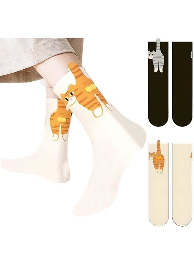 Barakah جوارب قطط ثلاثية الأبعاد، جوارب حيوانات، جوارب قطنية ناعمة مضحكة مع آذان بوم بوم للراحة والأناقة، قابلة للتنفس والتمدد للنساء هدايا المكتب المنزلي، 3 قطع (2 أبيض + 1 أسود) - Image 1