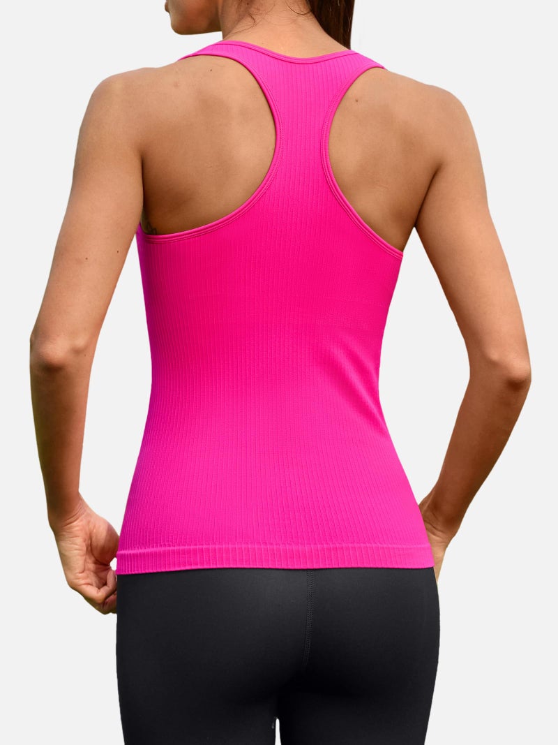 ATTRACO Racerback Athletic Tank Top Built-in Bra Slim Fit Yoga Top Gym Tank Hip Length Hot Pink L - Image 2