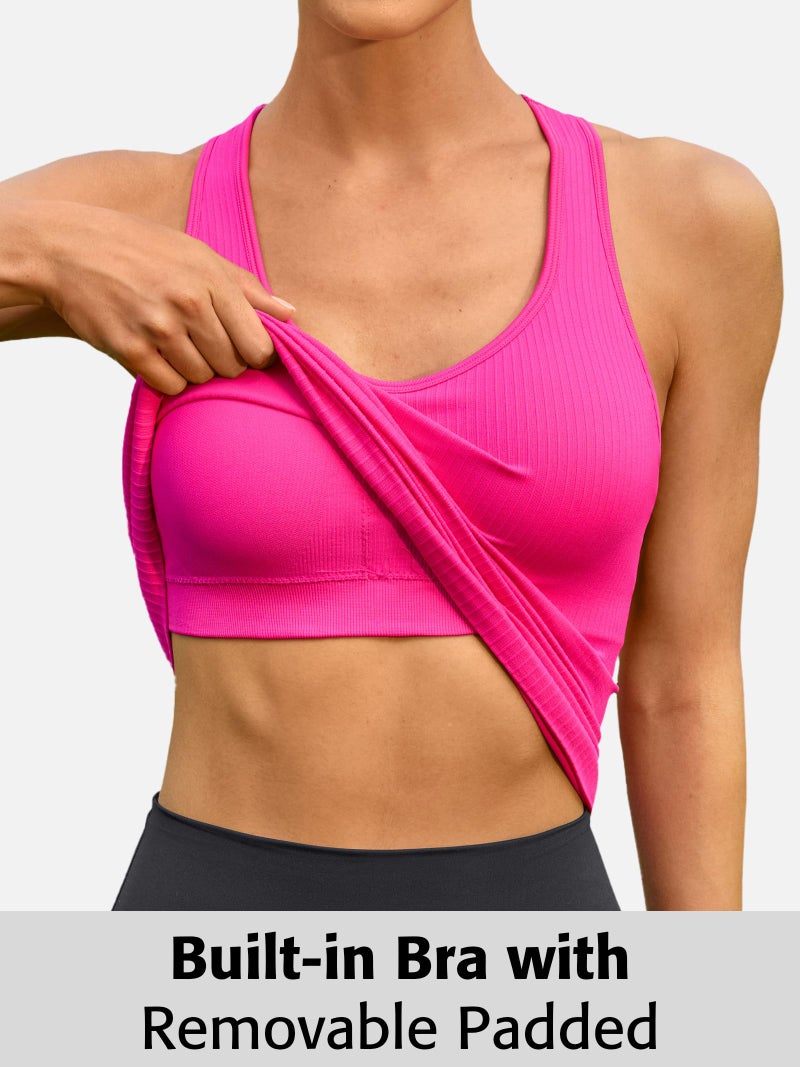 ATTRACO Racerback Athletic Tank Top Built-in Bra Slim Fit Yoga Top Gym Tank Hip Length Hot Pink L - Image 4