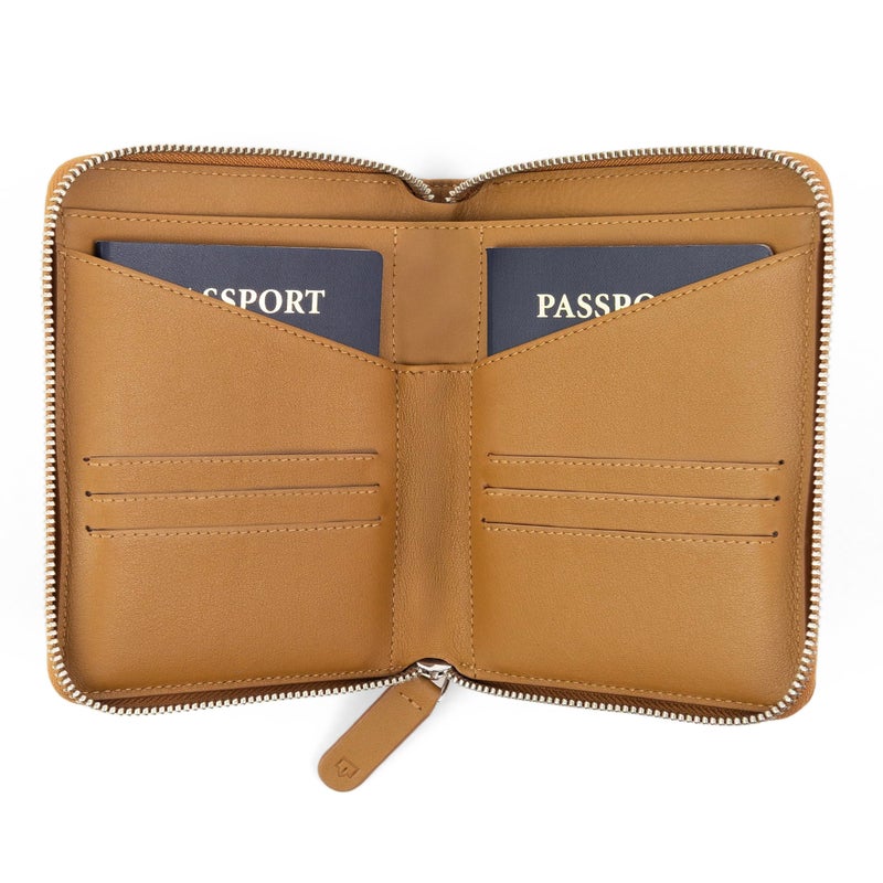 Travaci Full Grain Leather Passport Holder for 2 Passports - Dual Passport Holder and Travel Documents Organizer - RFID Travel Wallet for Couples - Camel - Image 1