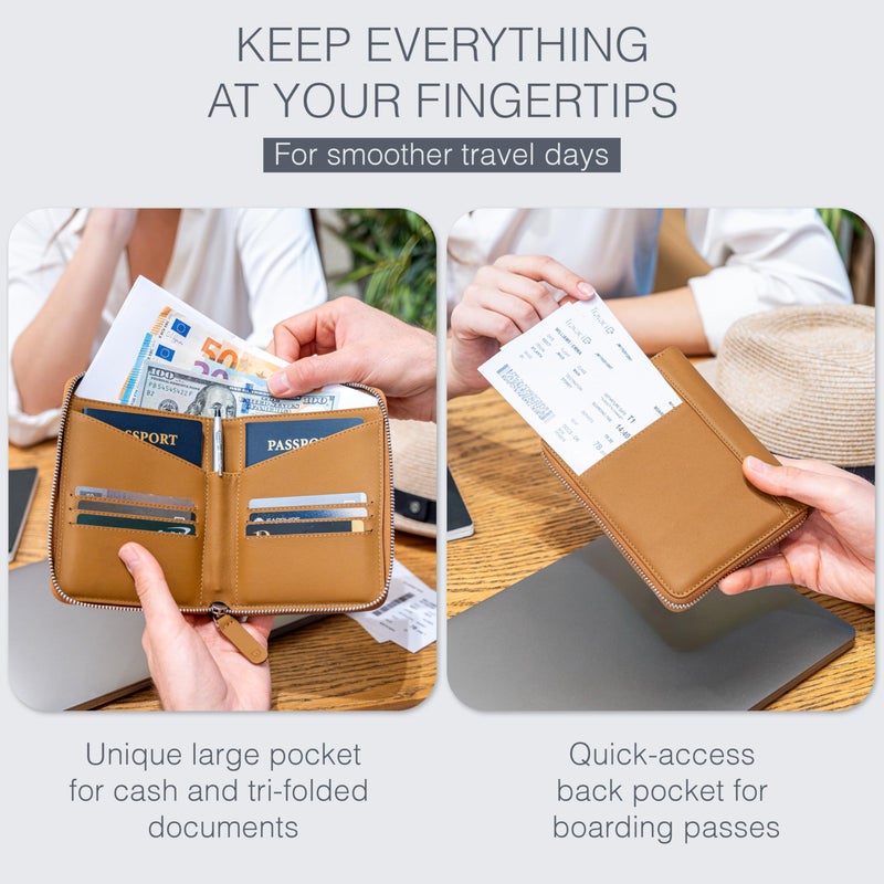Travaci Full Grain Leather Passport Holder for 2 Passports - Dual Passport Holder and Travel Documents Organizer - RFID Travel Wallet for Couples - Camel - Image 3