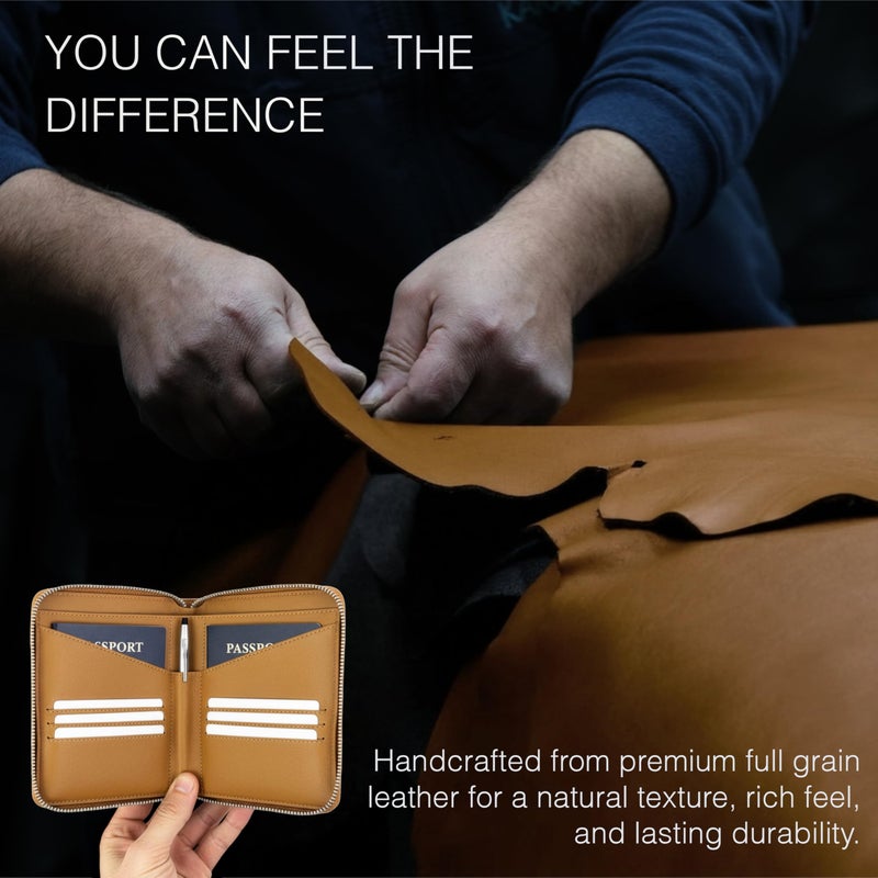 Travaci Full Grain Leather Passport Holder for 2 Passports - Dual Passport Holder and Travel Documents Organizer - RFID Travel Wallet for Couples - Camel - Image 5