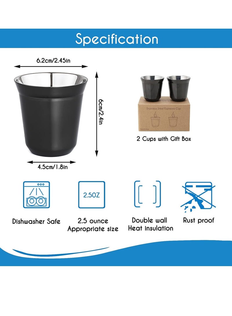 Bukela Stainless Steel Espresso Cup 2pcs Set Double Wall Insulated Metal Demitasse Cups 75ml - Image 2