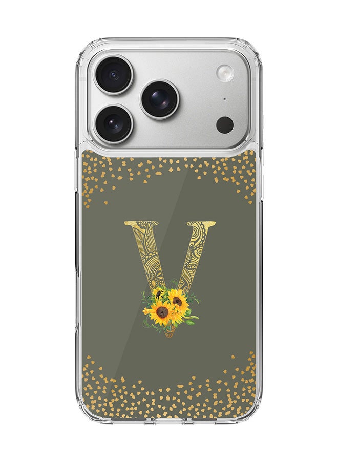 Stylizedd Classic Clear MagSafe Case for iPhone 17 Pro , Hybrid Soft Case Flexible Edges Anti Drop TPU PC Gel Thin Transparent Cover [ Designed for iPhone 17 Pro ] - Custom Monogram Initial Letter Floral Pattern Alphabet - V  (Olive Green )