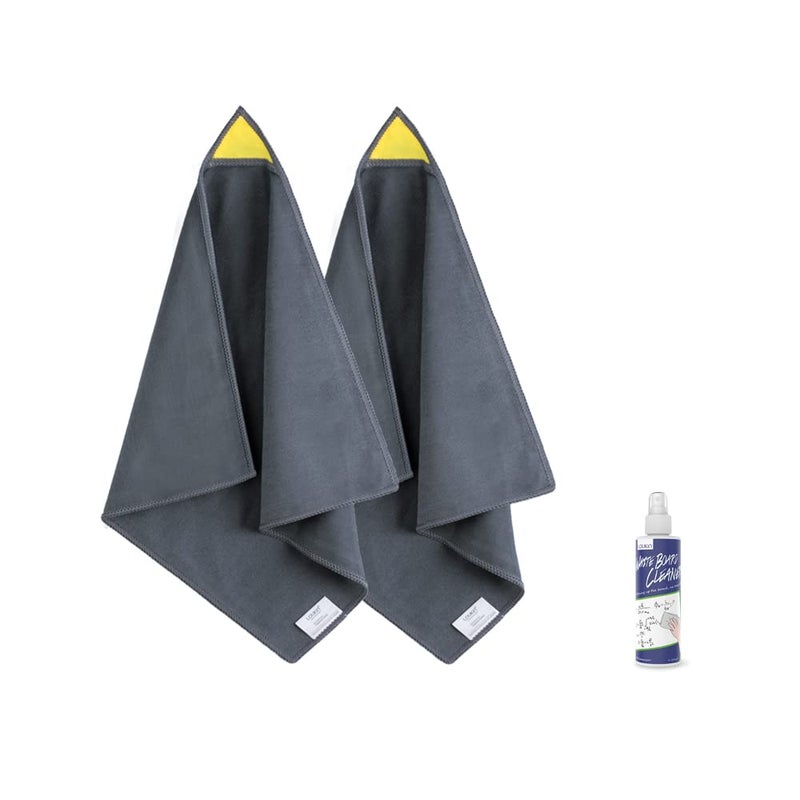 loukin 2 Pack Magnetic Whiteboard Cleaning Cloth Dry Erase Cleaning Cloth for Classroom Home and Office Use Reusable  Washable Gray 12 x 12 1 Bottle of 34 fl oz Whiteboard Cleaner Included