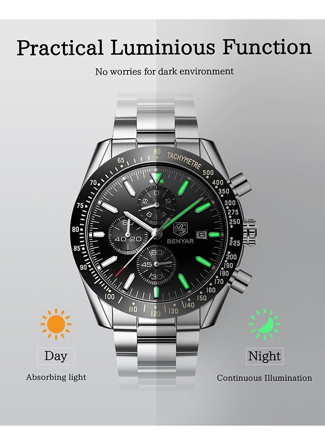 BENYAR - Watches for Men Analog Quartz Chronograph 30M Waterproof Luminous Big Face Men's Watches Business Work Sport Casual Fashion Designer Dress Men's Wrist Watches-Silver Black - Image 1