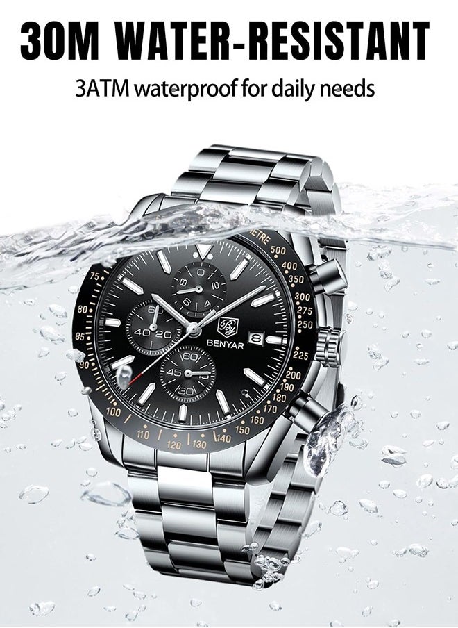 BENYAR - Watches for Men Analog Quartz Chronograph 30M Waterproof Luminous Big Face Men's Watches Business Work Sport Casual Fashion Designer Dress Men's Wrist Watches-Silver Black - Image 1