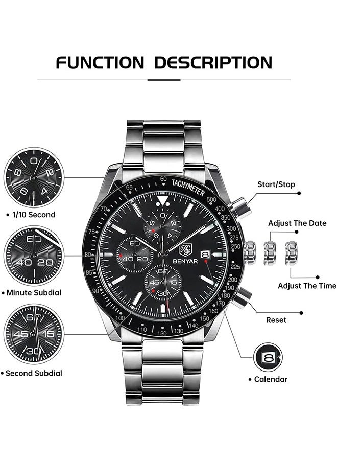 BENYAR - Watches for Men Analog Quartz Chronograph 30M Waterproof Luminous Big Face Men's Watches Business Work Sport Casual Fashion Designer Dress Men's Wrist Watches-Silver Black - Image 1
