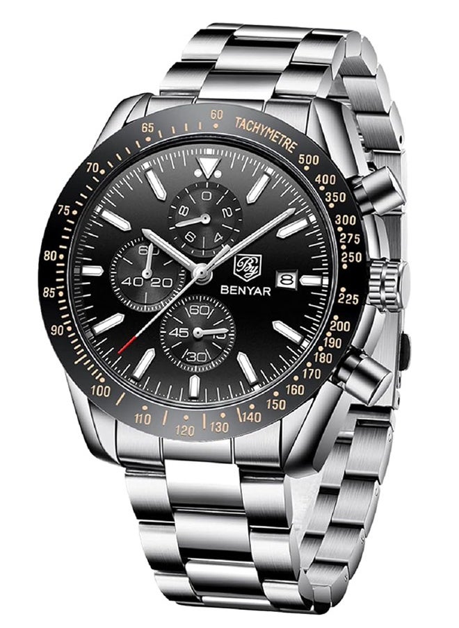BENYAR - Watches for Men Analog Quartz Chronograph 30M Waterproof Luminous Big Face Men's Watches Business Work Sport Casual Fashion Designer Dress Men's Wrist Watches-Silver Black - Image 1