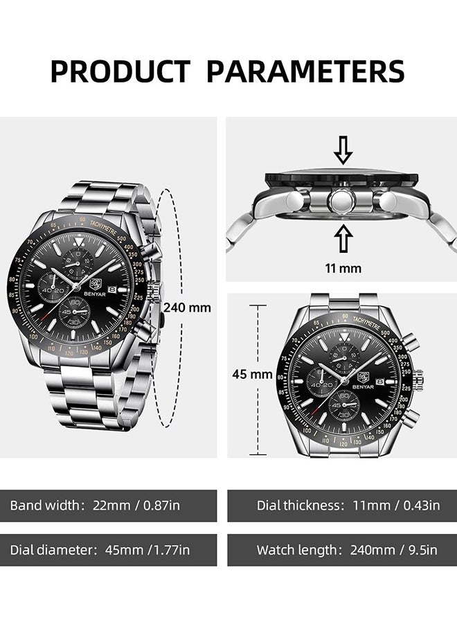 BENYAR - Watches for Men Analog Quartz Chronograph 30M Waterproof Luminous Big Face Men's Watches Business Work Sport Casual Fashion Designer Dress Men's Wrist Watches-Silver Black - Image 1