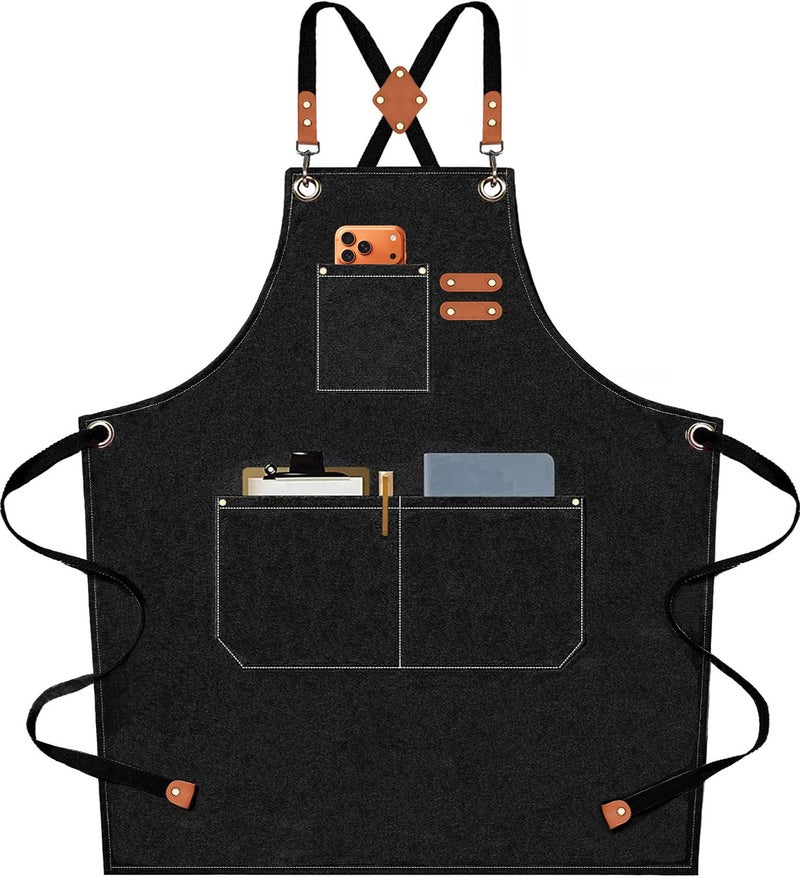 AFUN Chef Aprons for Men Women with Oversized Pockets, 16-Ounce Cotton Canvas Cross Back Heavy Duty Work Apron (Black) - Image 1