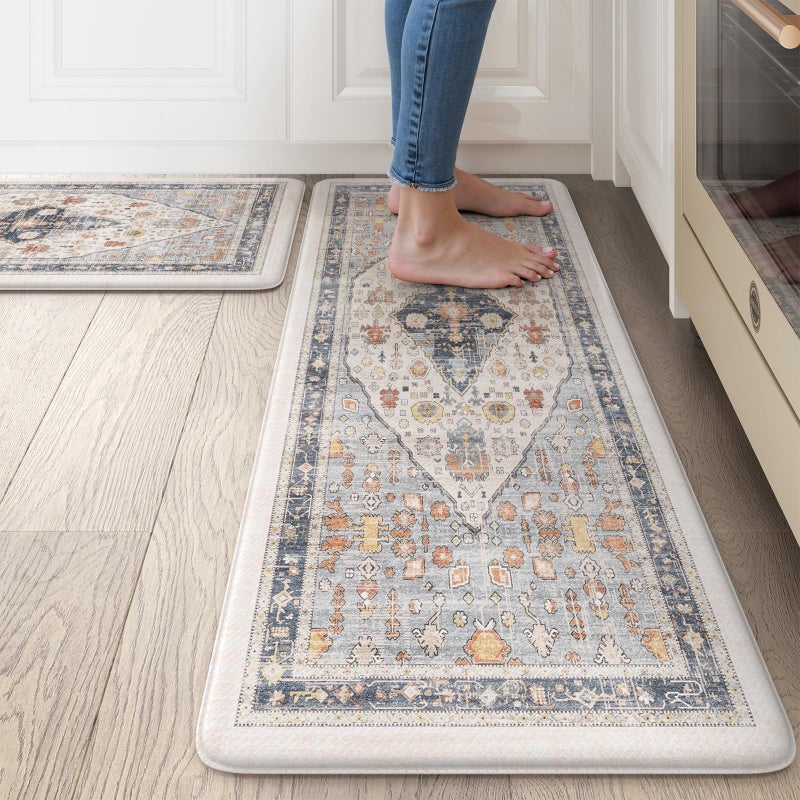 Collive Boho Floor Mats 2 PCS Cushioned AntiFatigue NonSkid Waterproof Under Sink Mat BlueMulti Comfort Standing Desk Mat for Office Home  Kitchen 17x3017x47