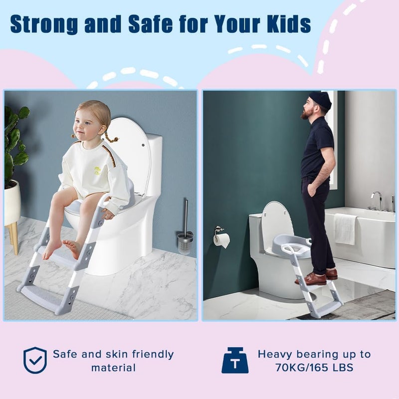 Yakiter Kids Potty Training Seat with Step Stool - Adjustable Height, Soft Cushion, Foldable Design (Grey) - Image 2