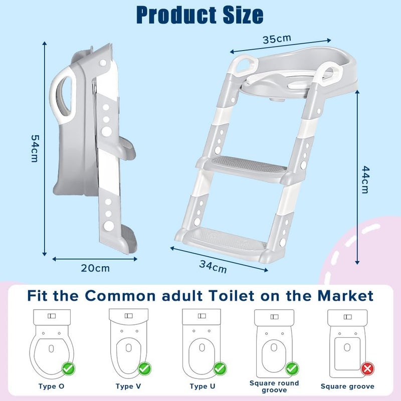 Yakiter Kids Potty Training Seat with Step Stool - Adjustable Height, Soft Cushion, Foldable Design (Grey) - Image 3