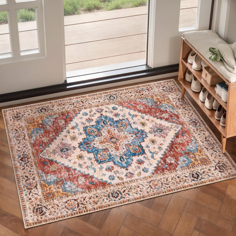 Ciicool Washable Vintage Area Rug, 2x3ft Small Boho Rug, Ultra Soft Rugs for Entryway, Non-Slip Entry Rugs Oriental Low-Pile Indoor Mat Floor Carpet for Entrance Bedroom Kitchen Bathroom Foyer Decor - Image 1