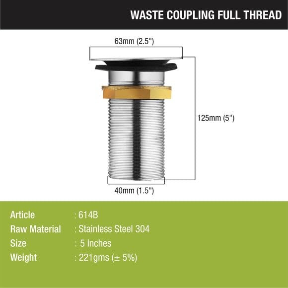 Lipka 5 Inches Full Thread Waste Coupling for Wash Basin | 304 Grade Stainless Steel | Rust-Proof, Chrome Finish | Heavy-Duty Waste Coupling for Bathroom Wash Basin Fitting | Wash Basin Coupling - Image 2