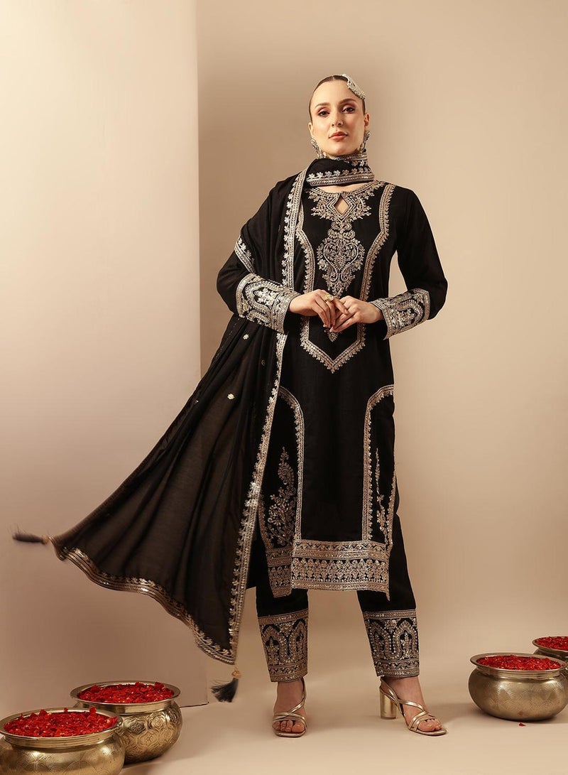 ISHIN Black Poly Embroidered Straight Fit A-Line Tunic & Full Length Palazzo Kurta Set For Women - Image 5