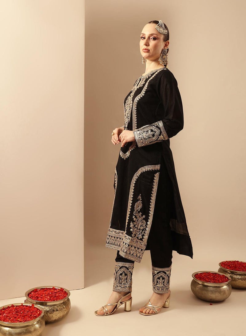 ISHIN Black Poly Embroidered Straight Fit A-Line Tunic & Full Length Palazzo Kurta Set For Women - Image 3
