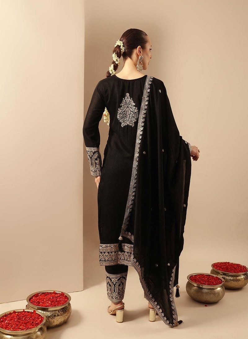 ISHIN Black Poly Embroidered Straight Fit A-Line Tunic & Full Length Palazzo Kurta Set For Women - Image 4