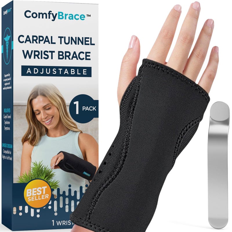 ComfyBrace Carpal Tunnel Wrist Brace with Splint and Palm Cushion Adjustable and Fits Both Hands for Support Carpal Tunnel Tendonitis Wrist Injury and Pain Pack of 1