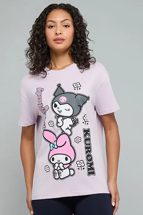 أر أند بي Kuromi Print T-Shirt with Crew Neck and Short Sleeves