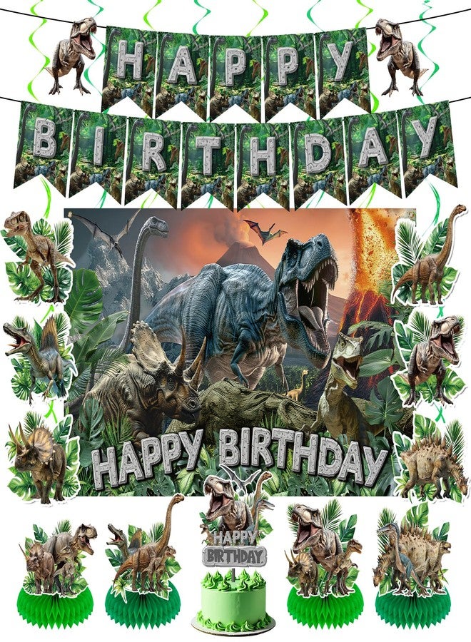 LUUFILx Dinosaur Birthday Decorations 13Pcs Dinosaur Party Banner with Jungle Birthday Backdrop Hanging Swirls Honeycomb Centerpieces Cake Topper for Kids Boys Girls Dino Party Decor Supplies - Image 1