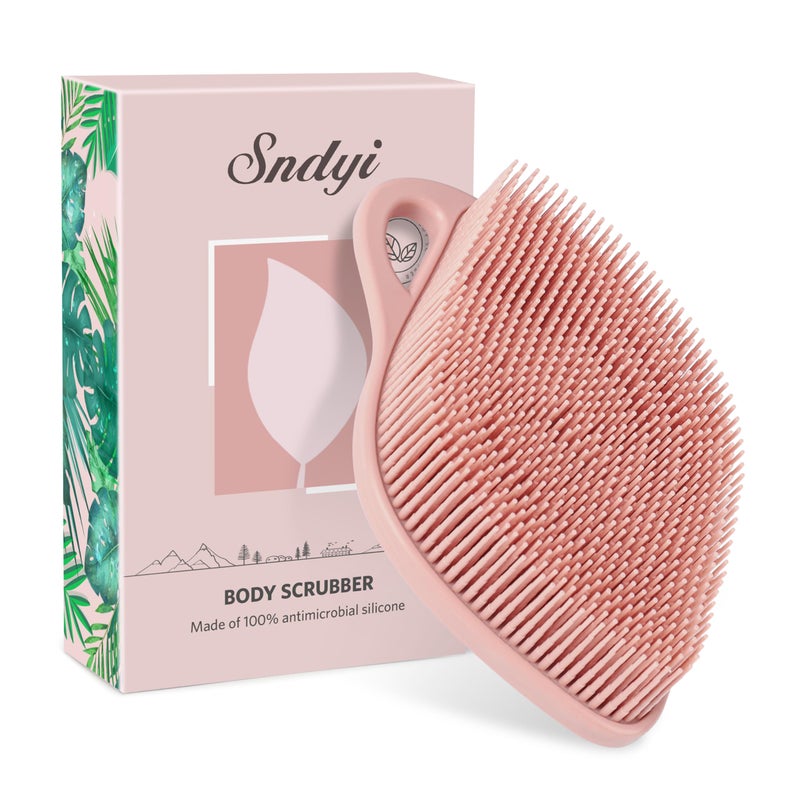 Sndyi Silicone Body Scrubber, Gentle Exfoliating Body Scrubber for Sensitive Skin, Leaf Shaped Shower Scrubber for Body with Lathering Bristles, Silicone Loofah Body Brush for Showering, Pink - Image 1