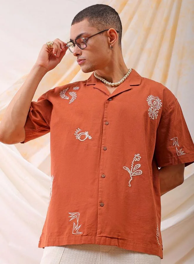 Men Rust Embroidered Resort Collar Shirt