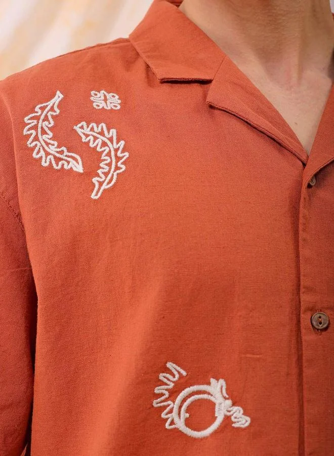 The Indian Garage Co Men Rust Embroidered Resort Collar Shirt