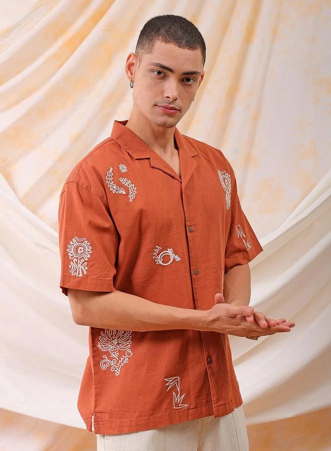 The Indian Garage Co Men Rust Embroidered Resort Collar Shirt