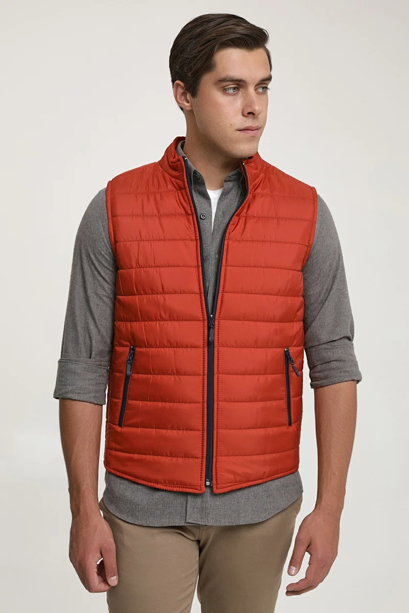 دي أس دامات Regular Fit Brick Red Stand Collar Fiber Filled Seasonal Zippered Vest Coat 7HF07ORT42611