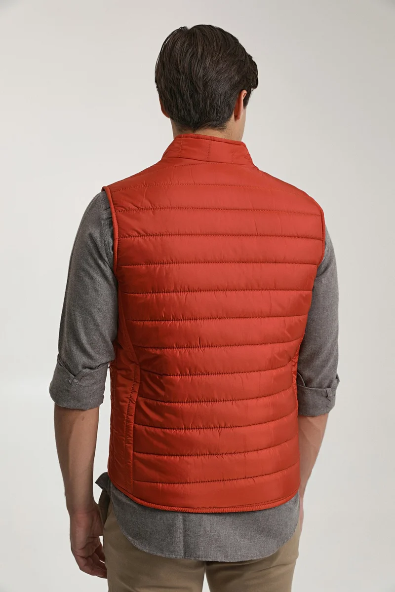 دي أس دامات Regular Fit Brick Red Stand Collar Fiber Filled Seasonal Zippered Vest Coat 7HF07ORT42611