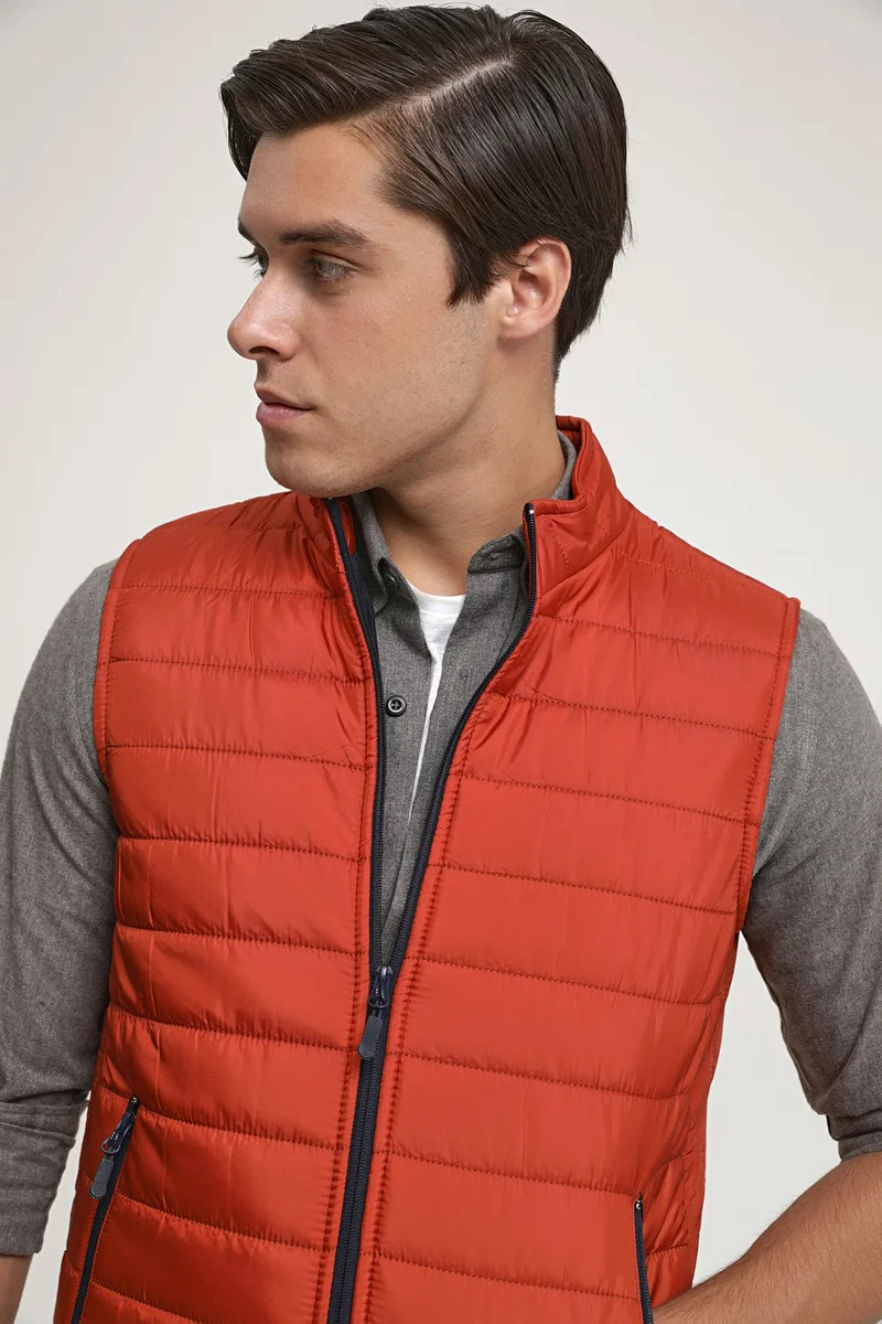 دي أس دامات Regular Fit Brick Red Stand Collar Fiber Filled Seasonal Zippered Vest Coat 7HF07ORT42611