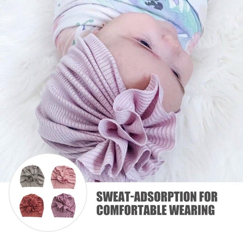 Cotton Knitted Beanie Set 4 Pack Ribbed Stretchy Turban Cap For Newborn Babies Random Color - Image 4