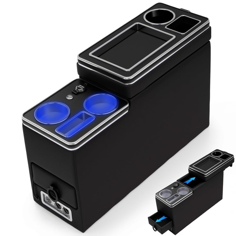 QKVCX Center Console Between Seat Organizer for Minivans,SUVs,with Dual USB charging at the front and back,ambient lighting and drawers for Minivan&SUVs, Middle Van Floor Console Organizer Storage Box Black - Image 1