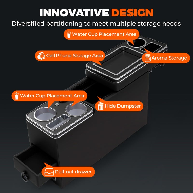 QKVCX Center Console Between Seat Organizer for Minivans,SUVs,with Dual USB charging at the front and back,ambient lighting and drawers for Minivan&SUVs, Middle Van Floor Console Organizer Storage Box Black - Image 3