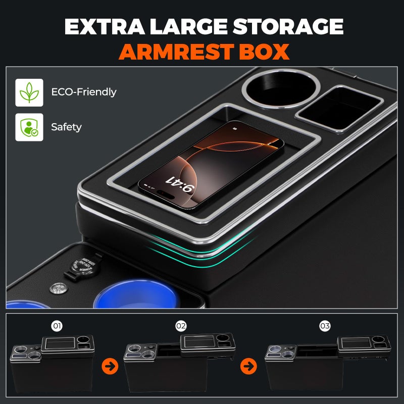 QKVCX Center Console Between Seat Organizer for Minivans,SUVs,with Dual USB charging at the front and back,ambient lighting and drawers for Minivan&SUVs, Middle Van Floor Console Organizer Storage Box Black - Image 4